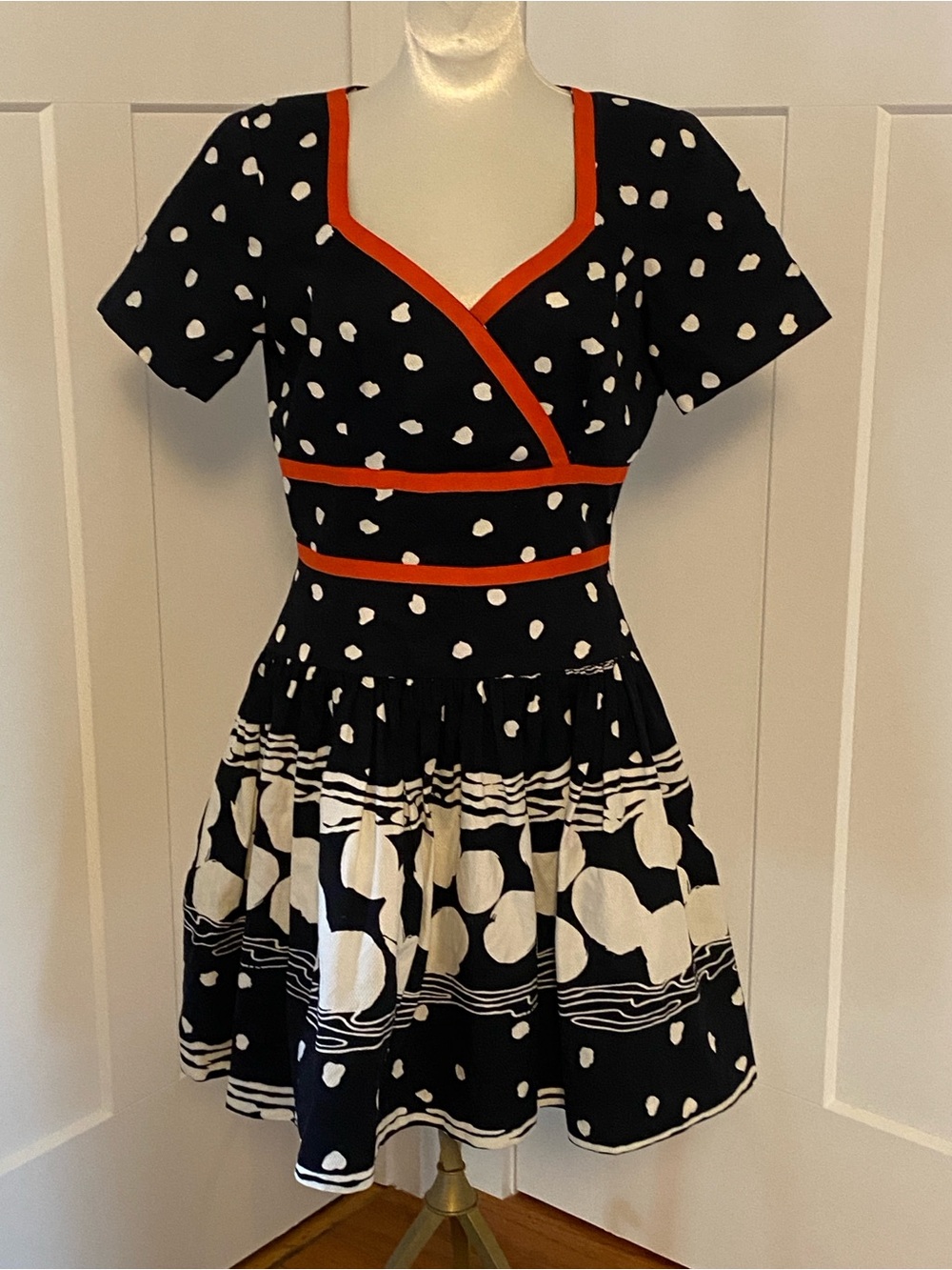 Rickie freeman Teri Jon Black and White Polka Dot Fit-and-Flare retro Dress sz 6